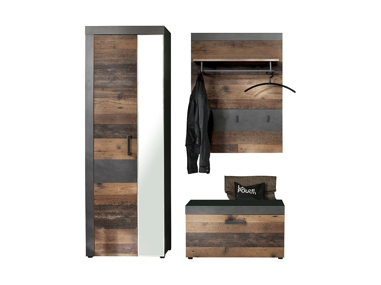 Irwin Meubles d'entrée et vestiaire B, finition Matera, gris, style vieux bois.