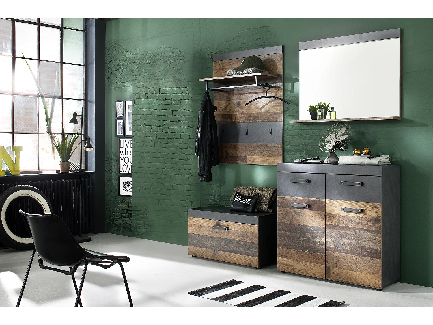 Irwin  garderobe opstelling D, grijs Matera decor, Old Wood decor.