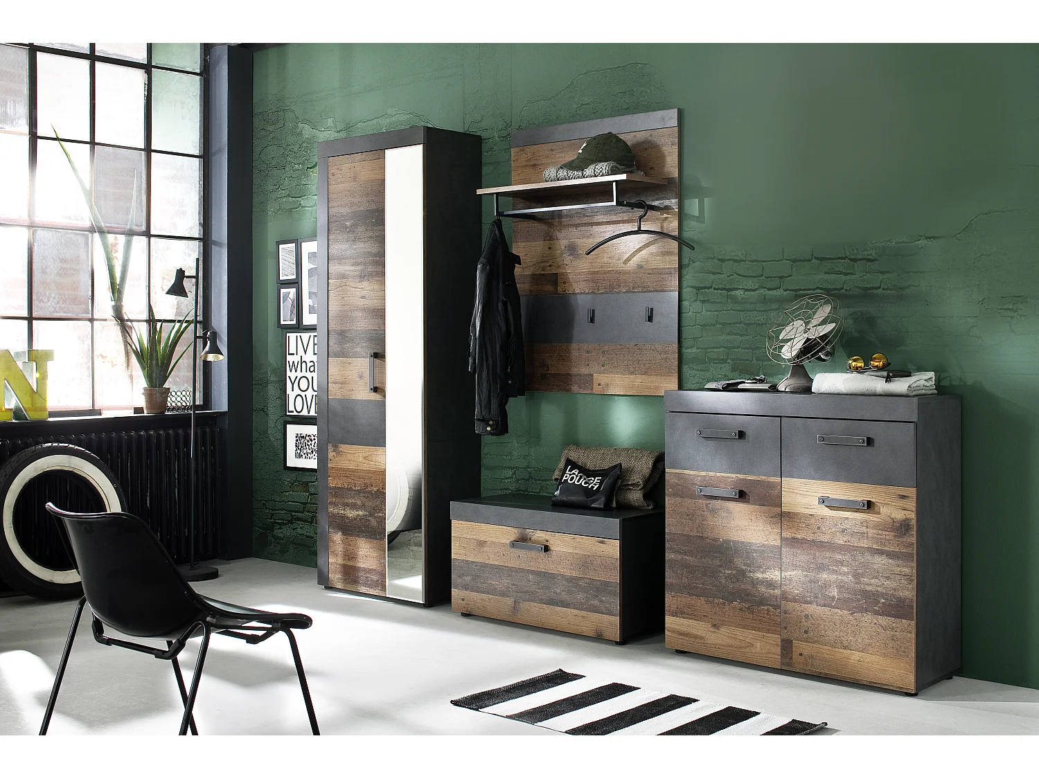 Irwin Meubles d'entrée et vestiaire G, finition Matera, gris, style vieux bois.