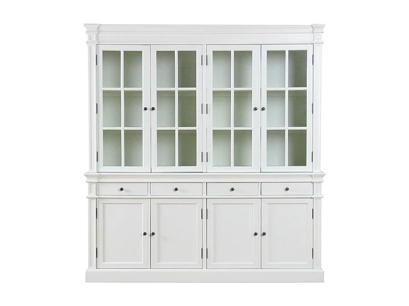 Amaretta Armoire vitrine 4 portes, vieux blanc, vintage patiné, largeur 186 cm, hauteur 200 cm.