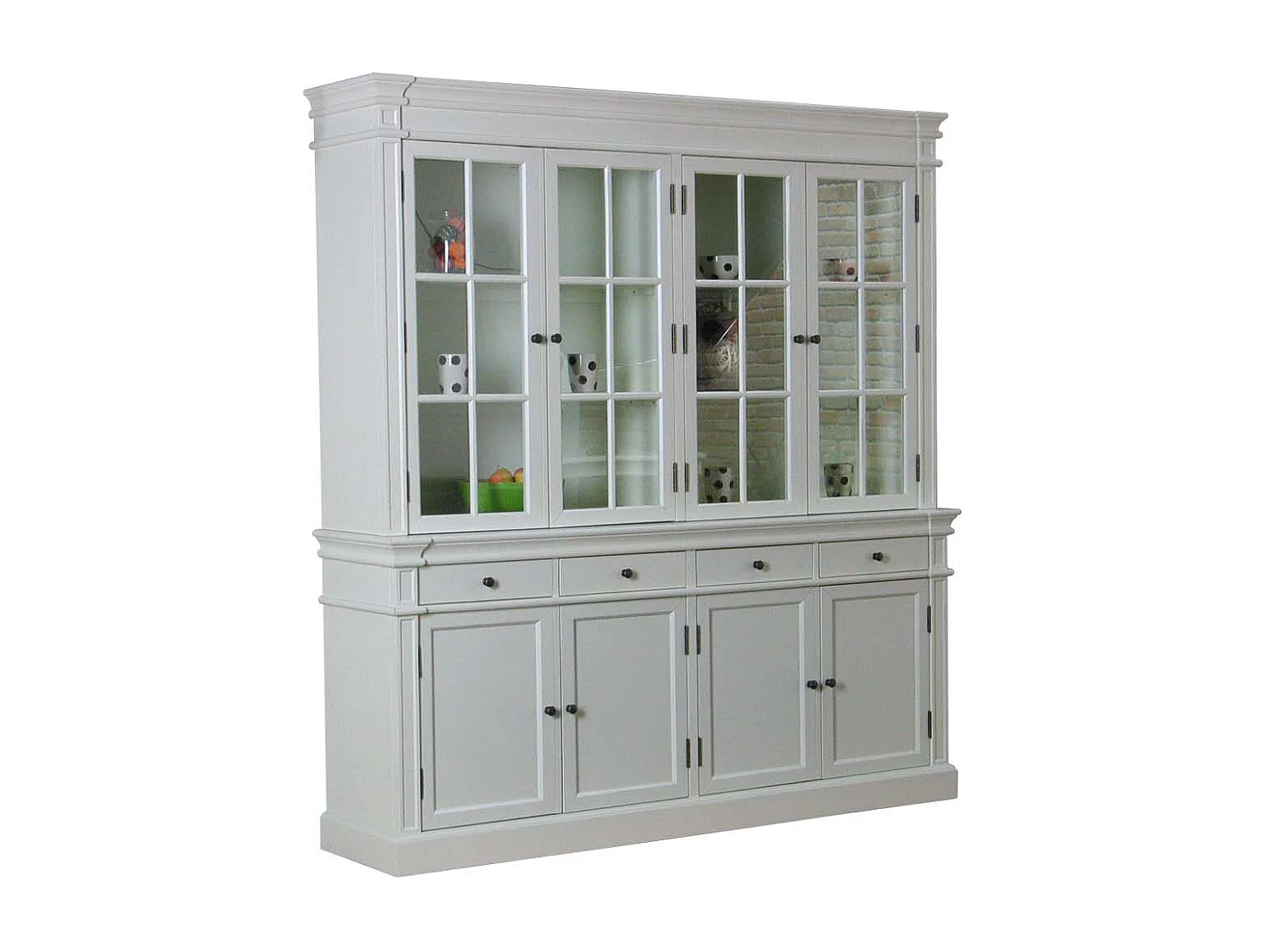 Amaretta 4 türiger Vitrinenschrank antik weiss, antik patiniert. Breite 186 cm, Höhe 200 cm.