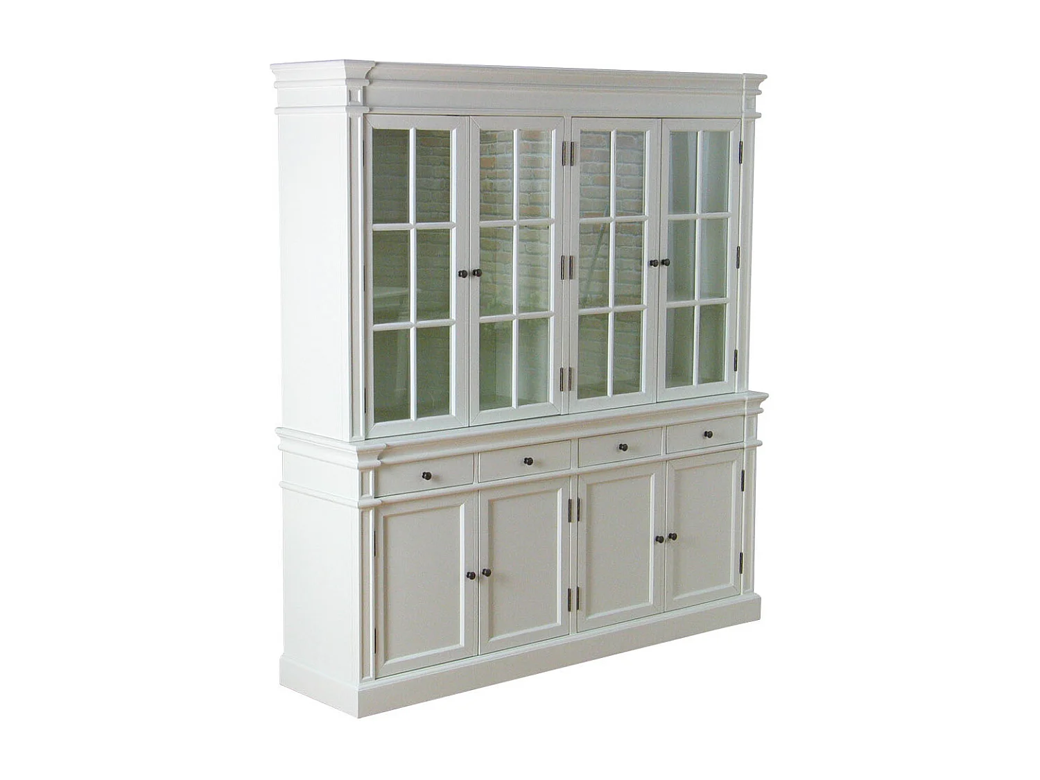 Amaretta 4 türiger Vitrinenschrank antik weiss, antik patiniert. Breite 186 cm, Höhe 200 cm.