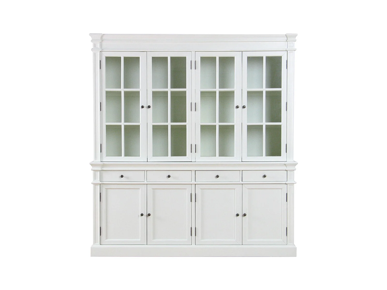 Amaretta Armoire vitrine 4 portes, vieux blanc, vintage patiné, largeur 186 cm, hauteur 200 cm.