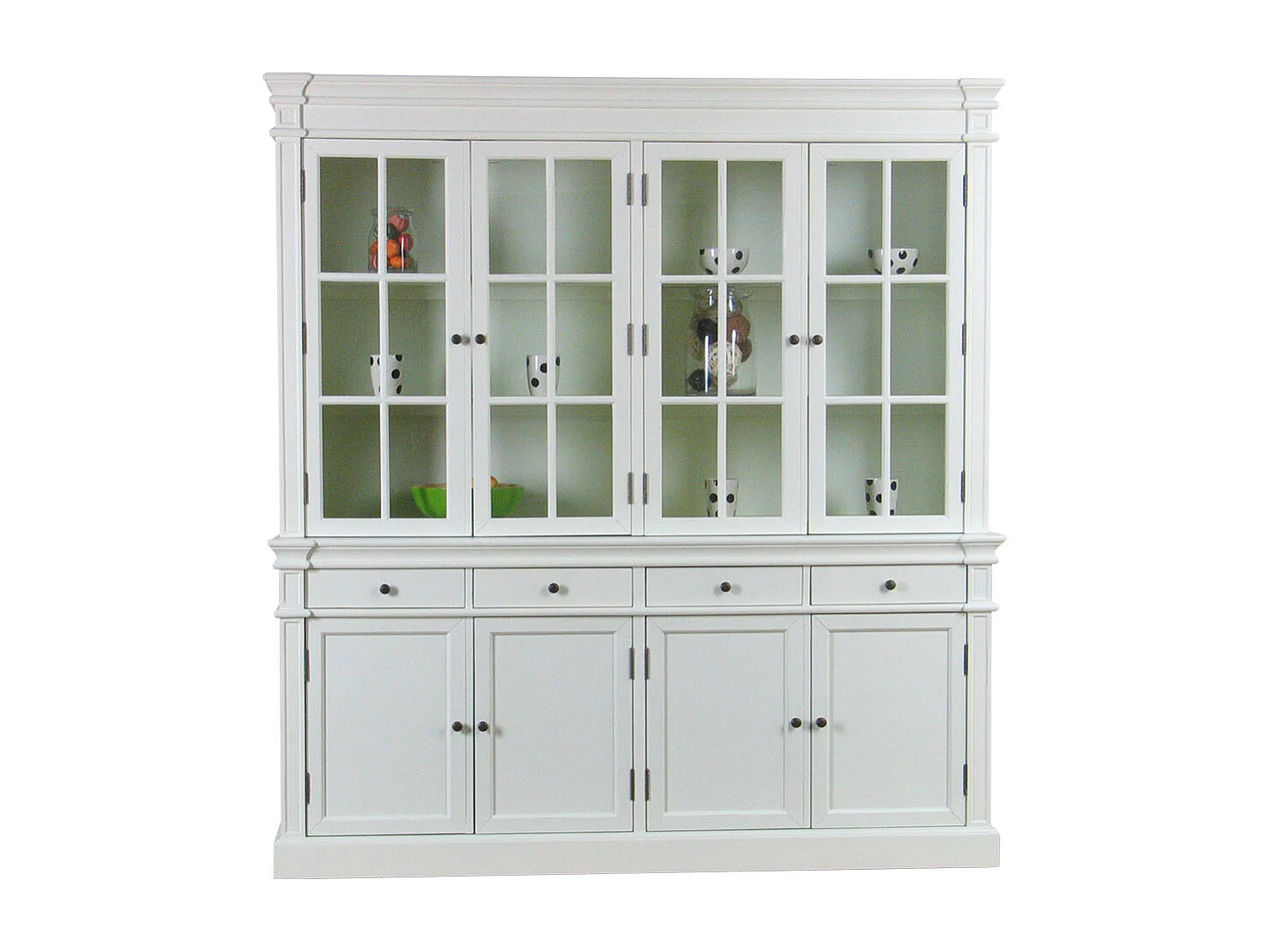 Amaretta Armoire vitrine 4 portes, vieux blanc, vintage patiné, largeur 186 cm, hauteur 200 cm.