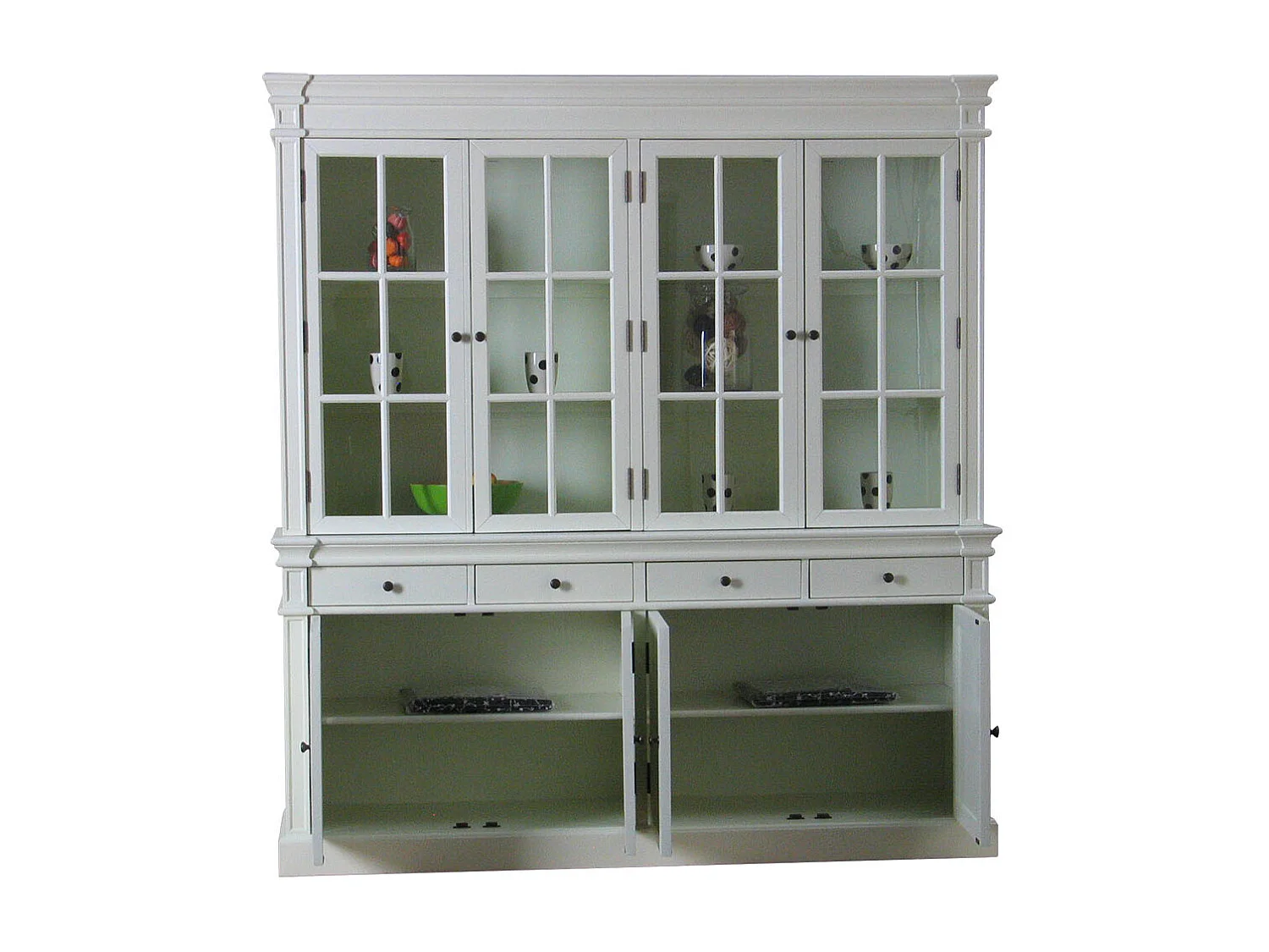 Amaretta Armoire vitrine 4 portes, vieux blanc, vintage patiné, largeur 186 cm, hauteur 200 cm.