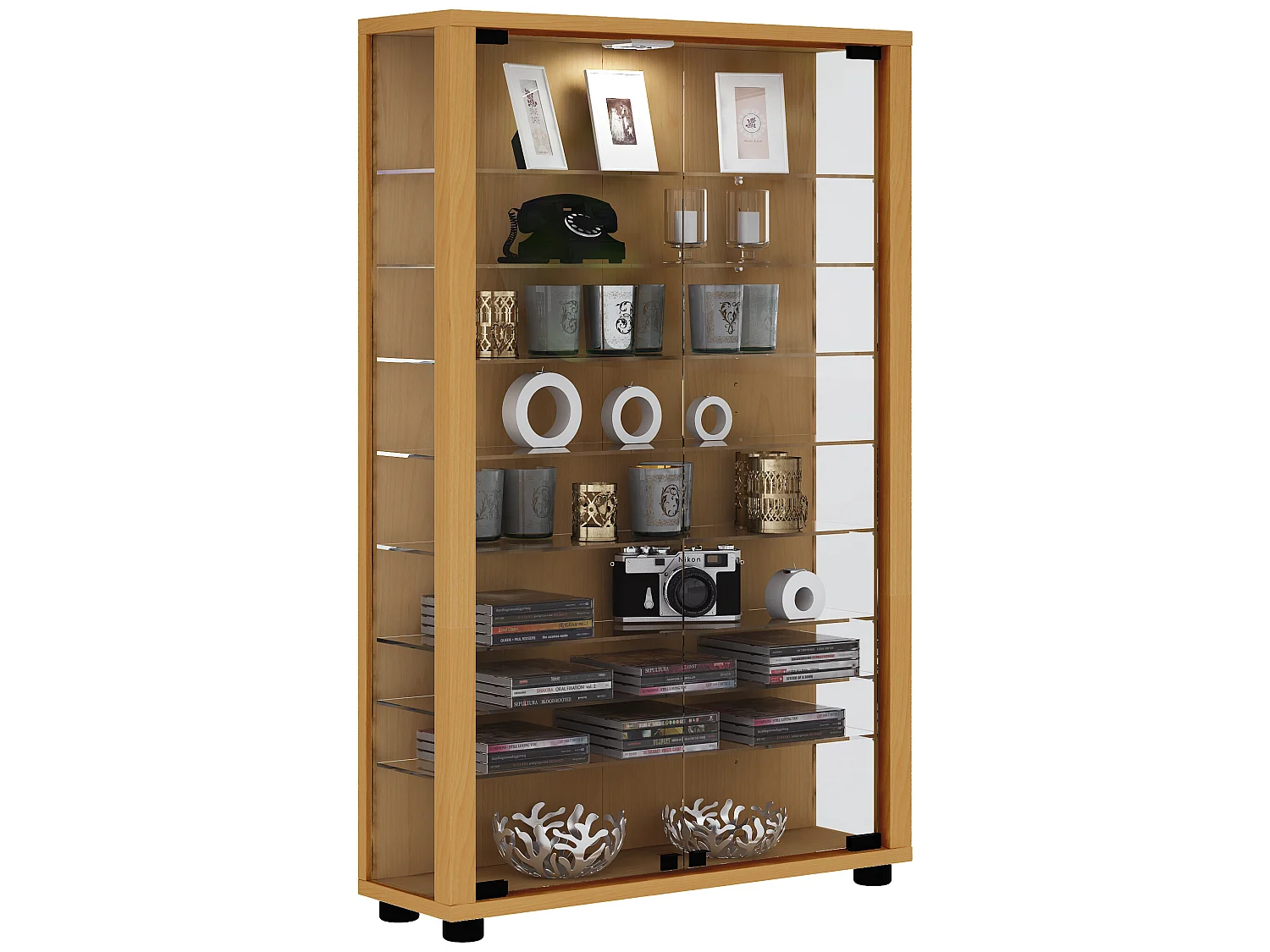 Lumo Mini Vitrine, 2 portes vitrées, tablettes en verre, éclairage incluss LED, imitation hêtre.