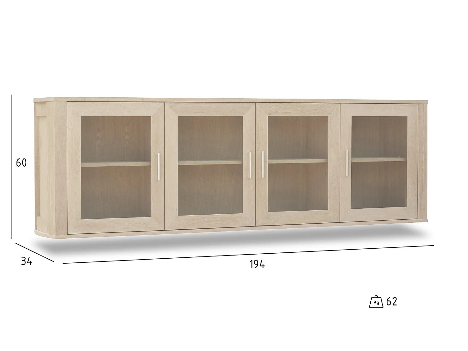 Veneto hangende vitrinekast eiken met 4 glazen deurtjes.