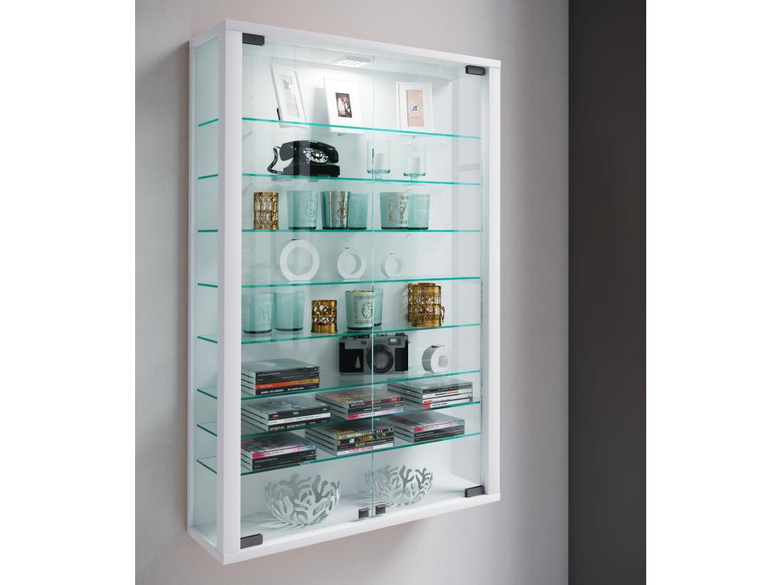vente unique Vitrosa Mini Vitrine murale avec 2 portes vitrées éclairage inclus blanc