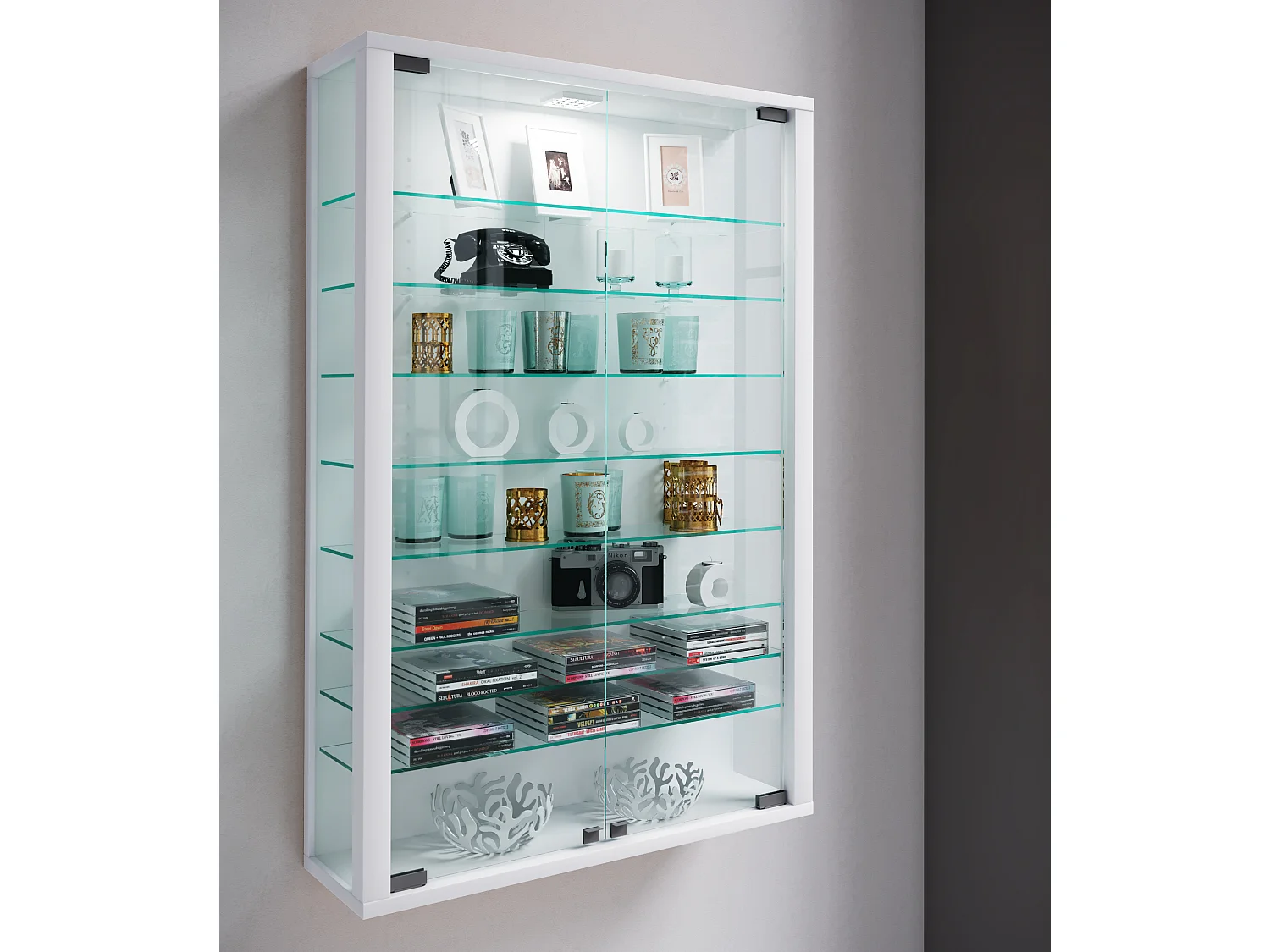 Vitrosa Mini Vitrinenschrank wandhängend mit 2 Glastüren und Licht weiß.