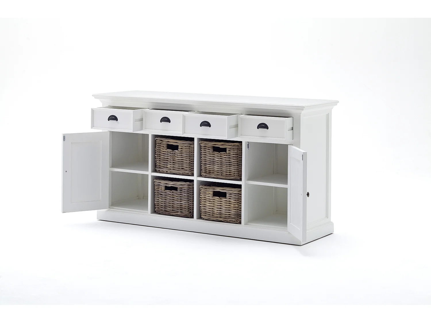 Halifax Buffet avec 2 portes, 4 paniers et 4 tiroirs, blanc.