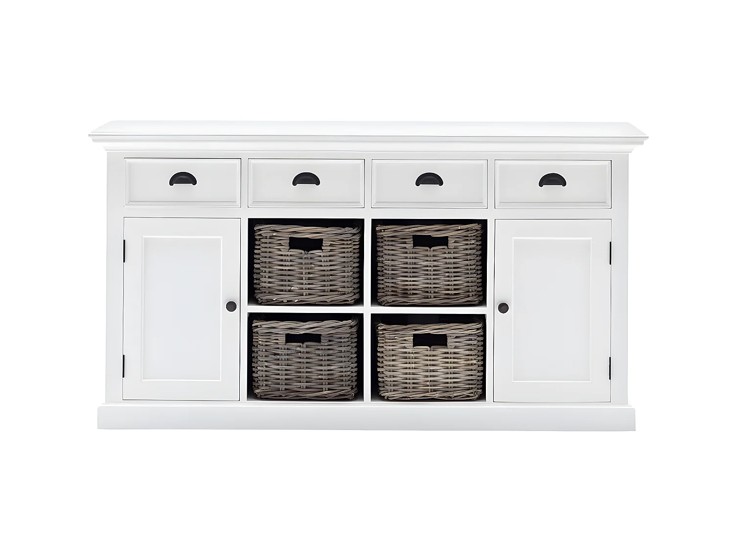 Halifax dressoir met 2 deuren, 4 rotan manden en 4 lades, in wit.