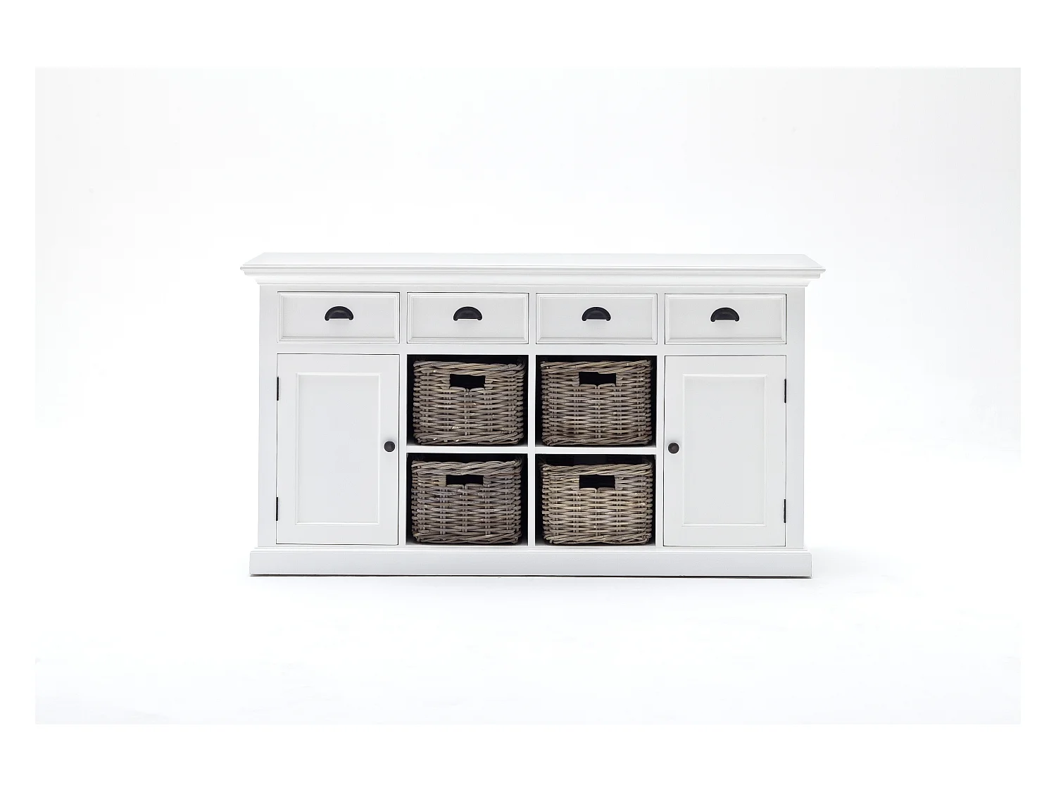Halifax dressoir met 2 deuren, 4 rotan manden en 4 lades, in wit.