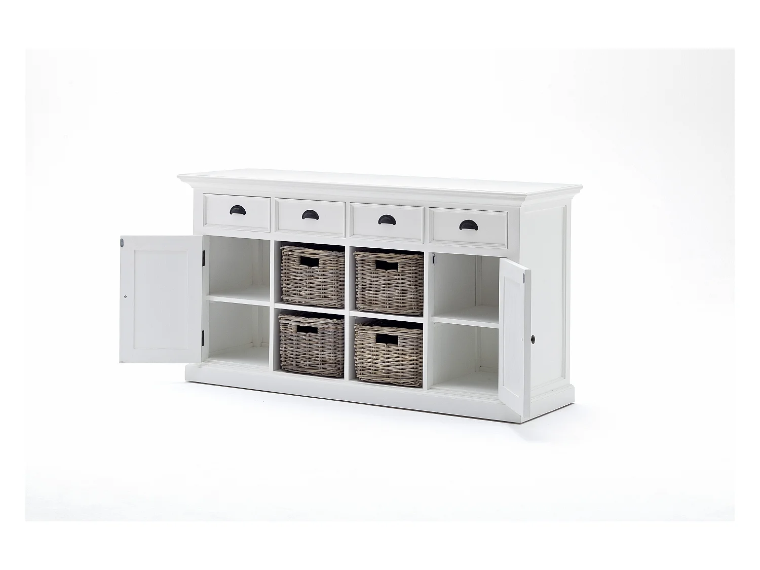 Halifax dressoir met 2 deuren, 4 rotan manden en 4 lades, in wit.