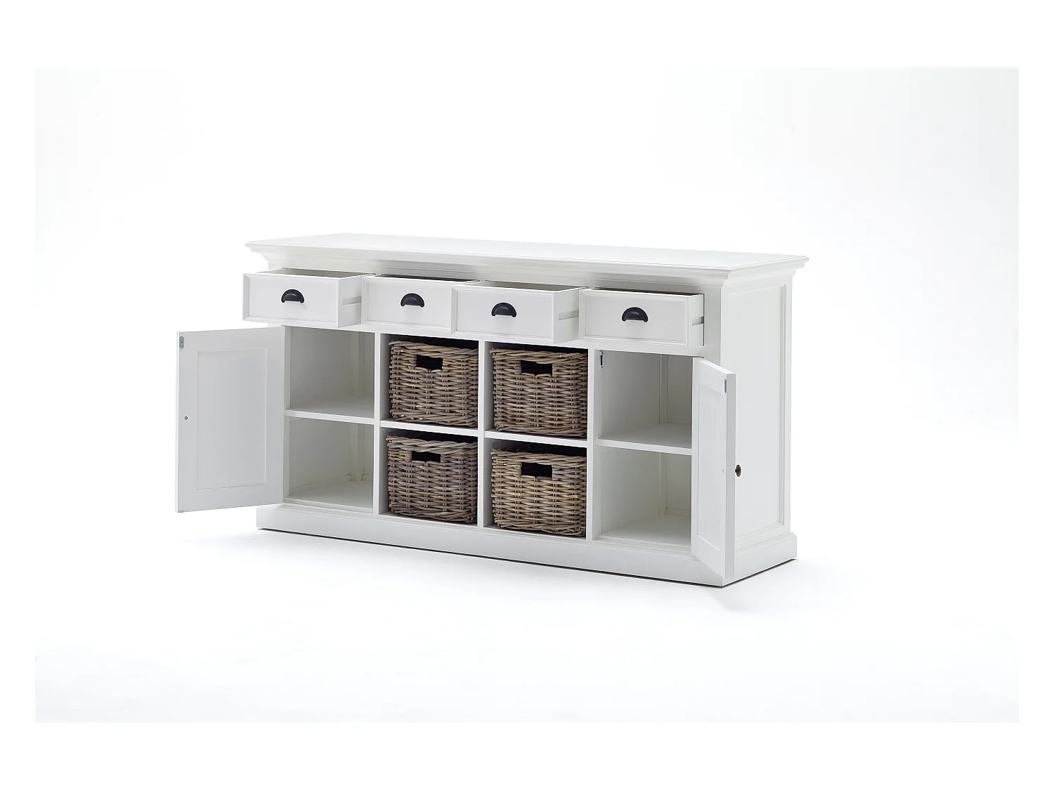Halifax dressoir met 2 deuren, 4 rotan manden en 4 lades, in wit.