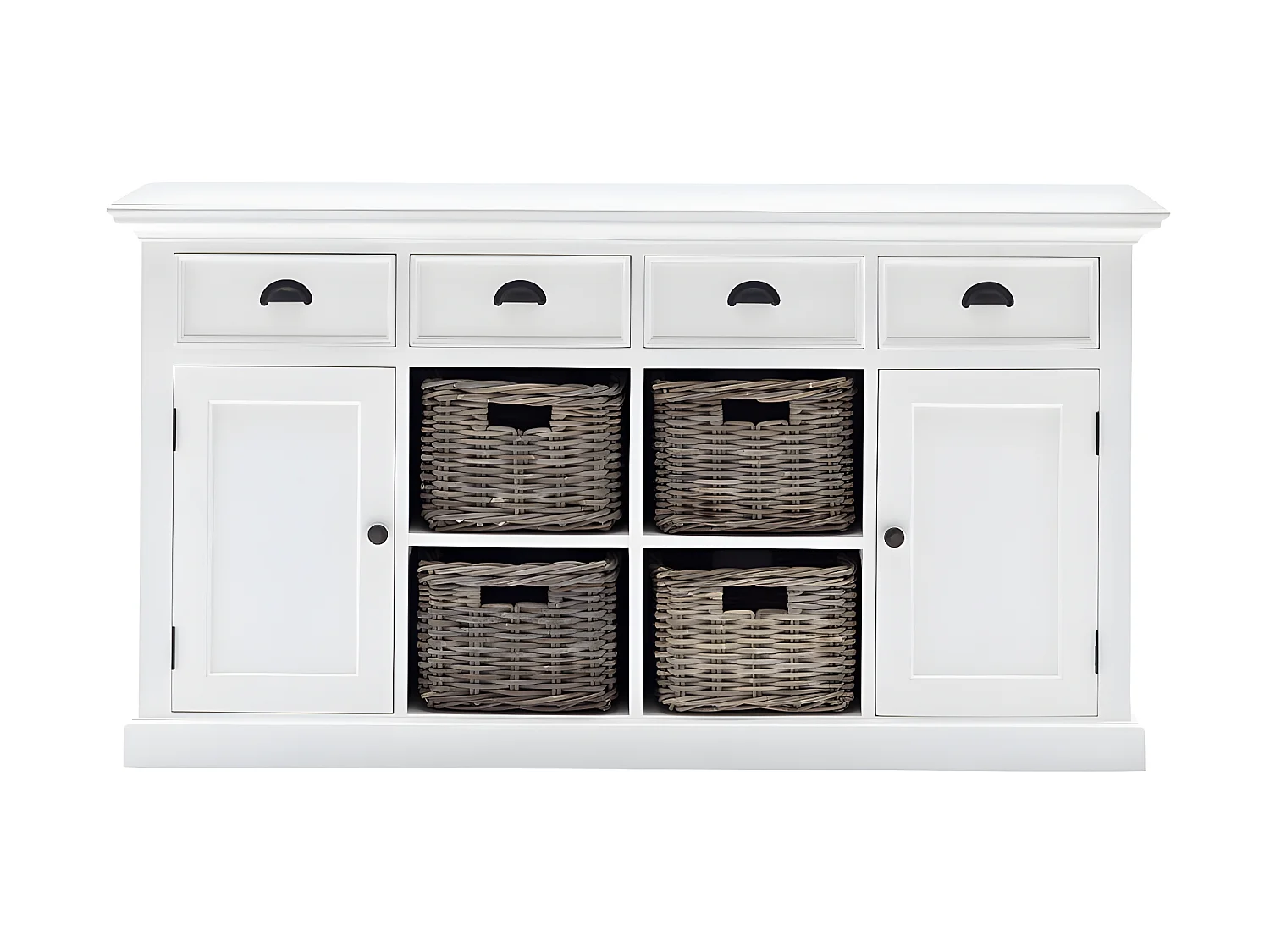 Halifax dressoir met 2 deuren, 4 rotan manden en 4 lades, in wit.