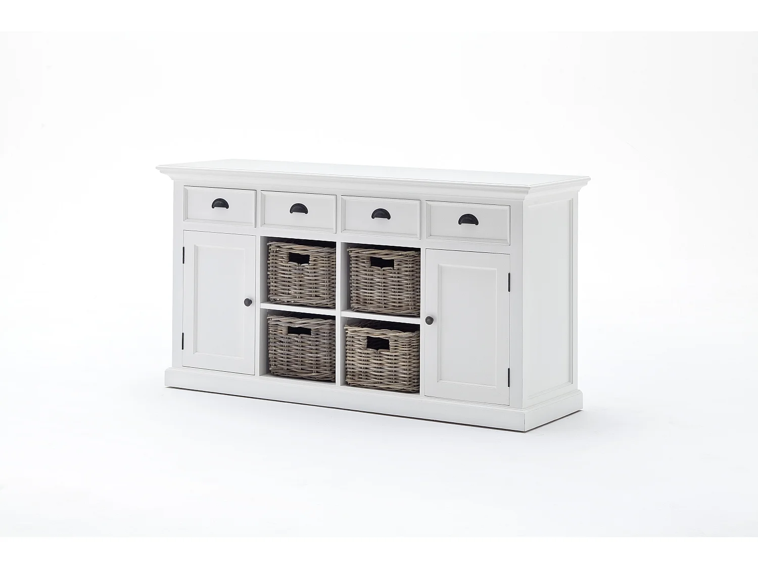 Halifax dressoir met 2 deuren, 4 rotan manden en 4 lades, in wit.