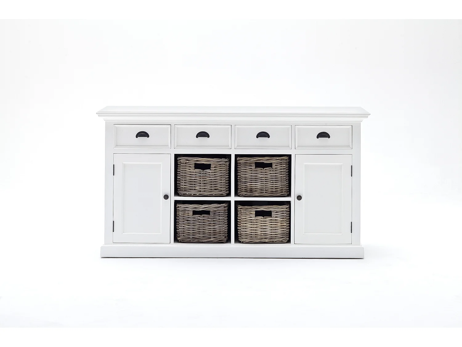 Halifax dressoir met 2 deuren, 4 rotan manden en 4 lades, in wit.