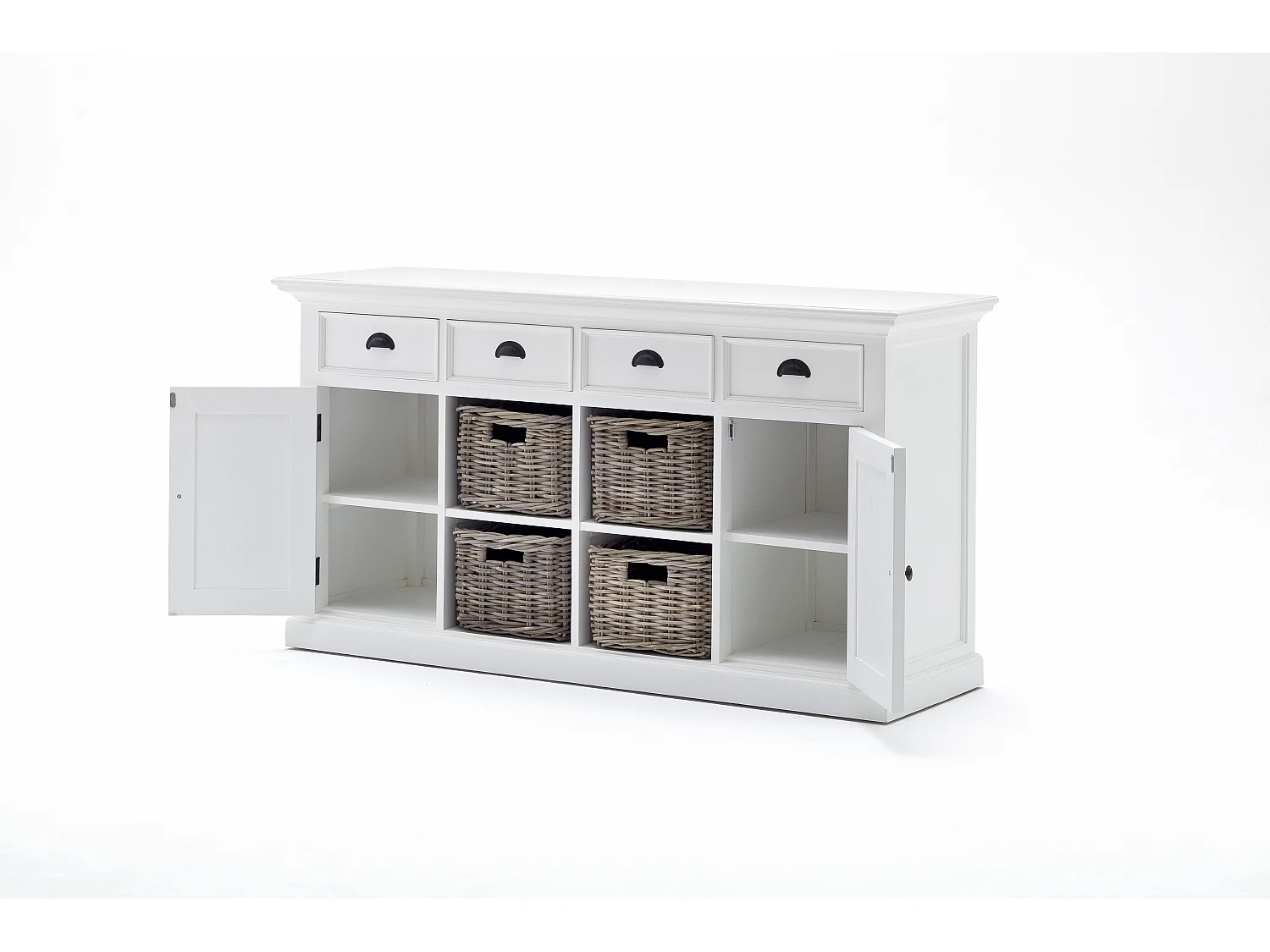 Halifax dressoir met 2 deuren, 4 rotan manden en 4 lades, in wit.