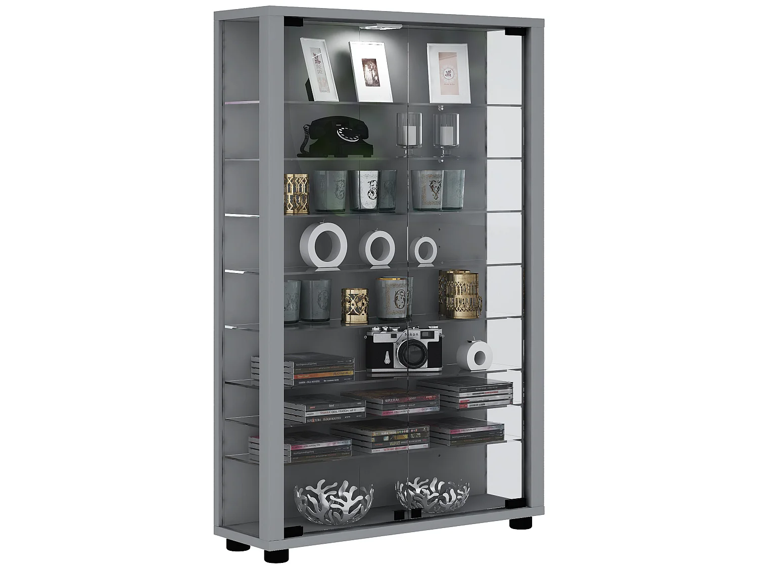 Lumo Mini Vitrine, 2 portes vitrées, tablettes en verre, éclairage incluss LED, argent.