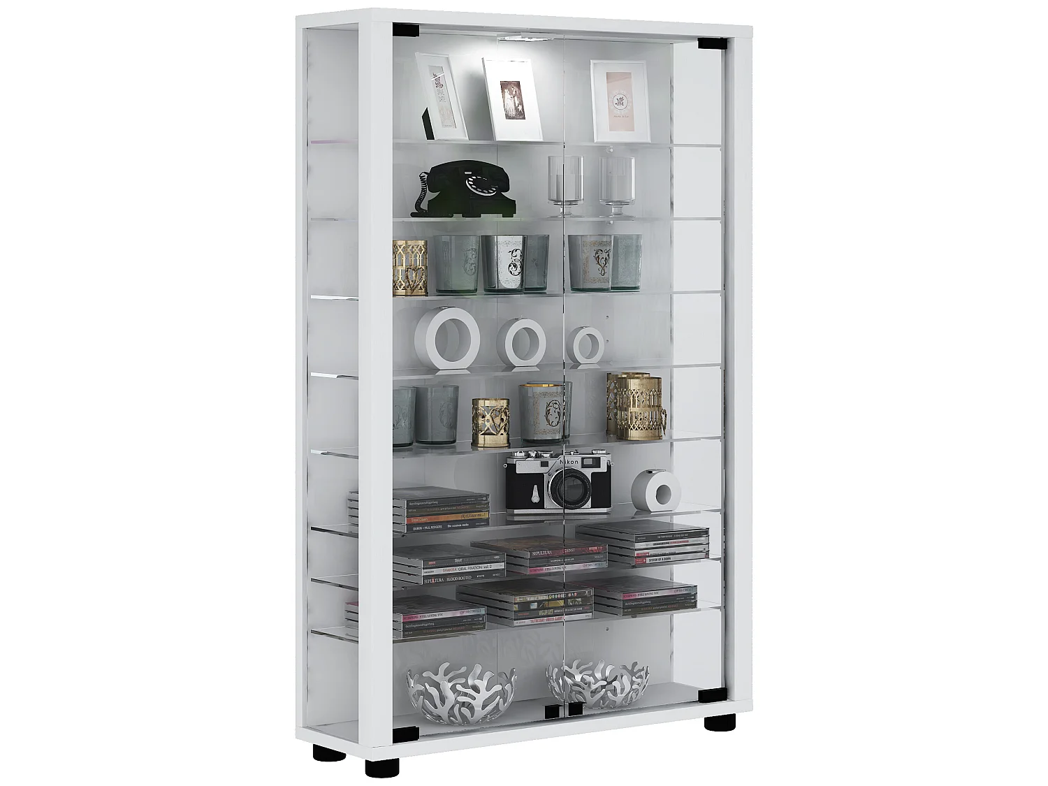 Lumo Mini Vitrinenschrank 2 Glastüren, Glasvitrinen mit LED-Leuchten weiß.