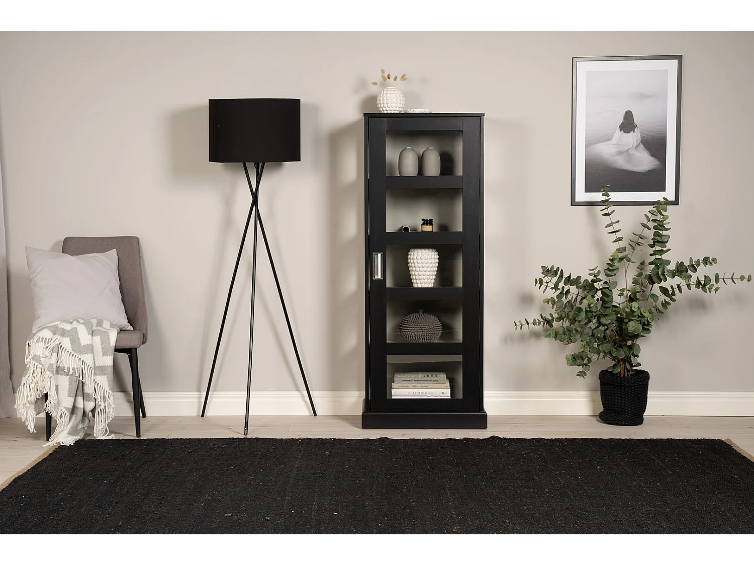 Lock vitrinekast 1 deur, 5 planken, zwart.