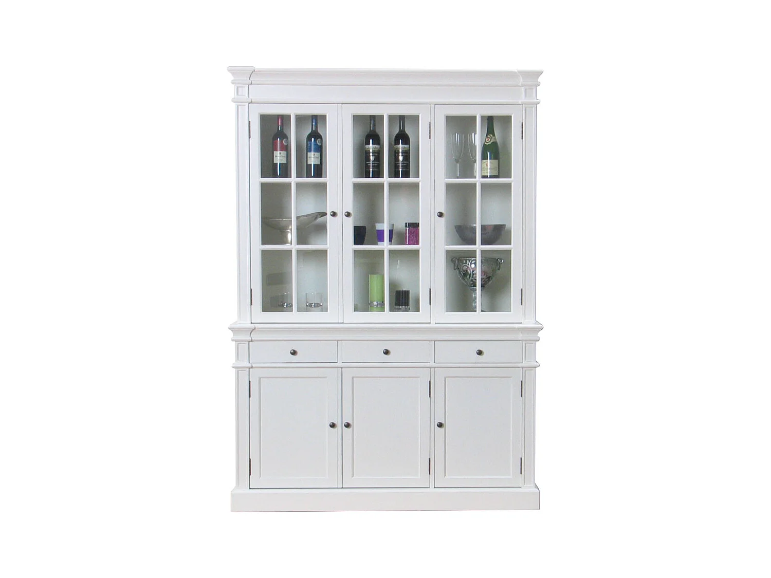 Amaretta Armoire Vitrine 3 portes, vieux blanc, vintage patiné, largeur 142 cm, hauteur 200 cm.