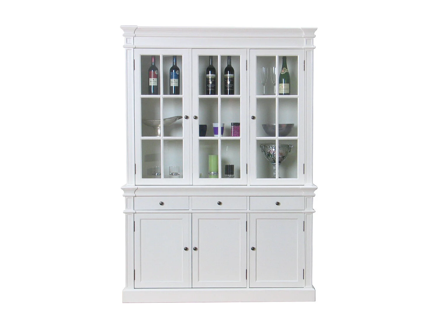 Amaretta Armoire Vitrine 3 portes, vieux blanc, vintage patiné, largeur 142 cm, hauteur 200 cm.