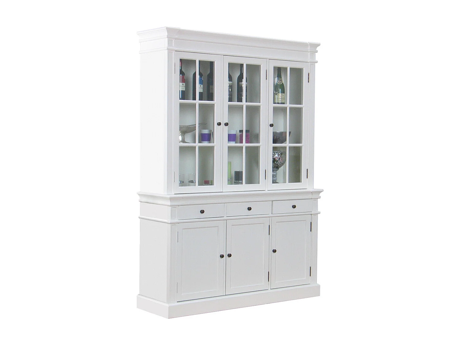 Amaretta Armoire Vitrine 3 portes, vieux blanc, vintage patiné, largeur 142 cm, hauteur 200 cm.
