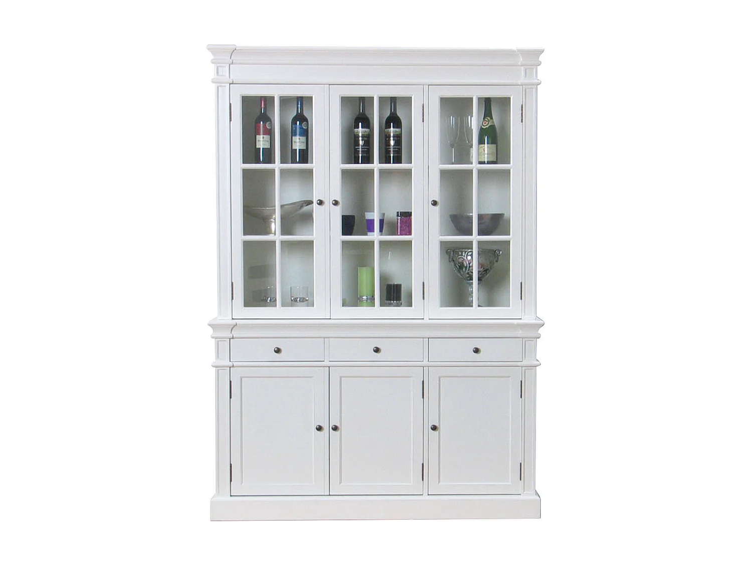Amaretta Armoire Vitrine 3 portes, vieux blanc, vintage patiné, largeur 142 cm, hauteur 200 cm.