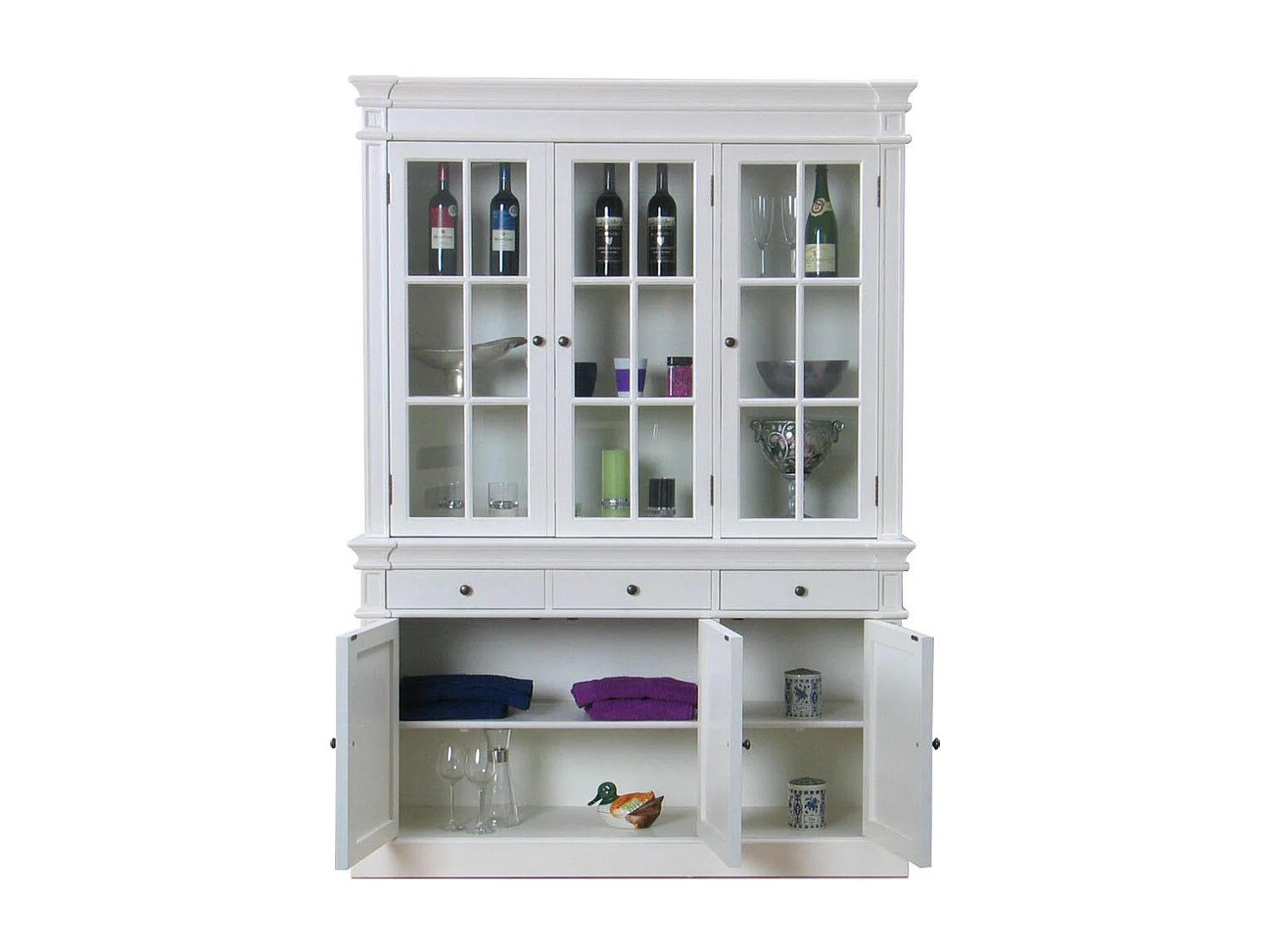 Amaretta Armoire Vitrine 3 portes, vieux blanc, vintage patiné, largeur 142 cm, hauteur 200 cm.