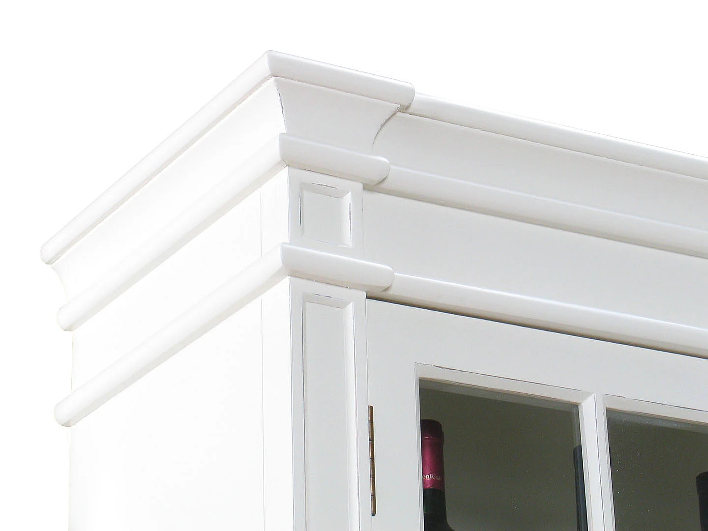 Amaretta Armoire Vitrine 3 portes, vieux blanc, vintage patiné, largeur 142 cm, hauteur 200 cm.