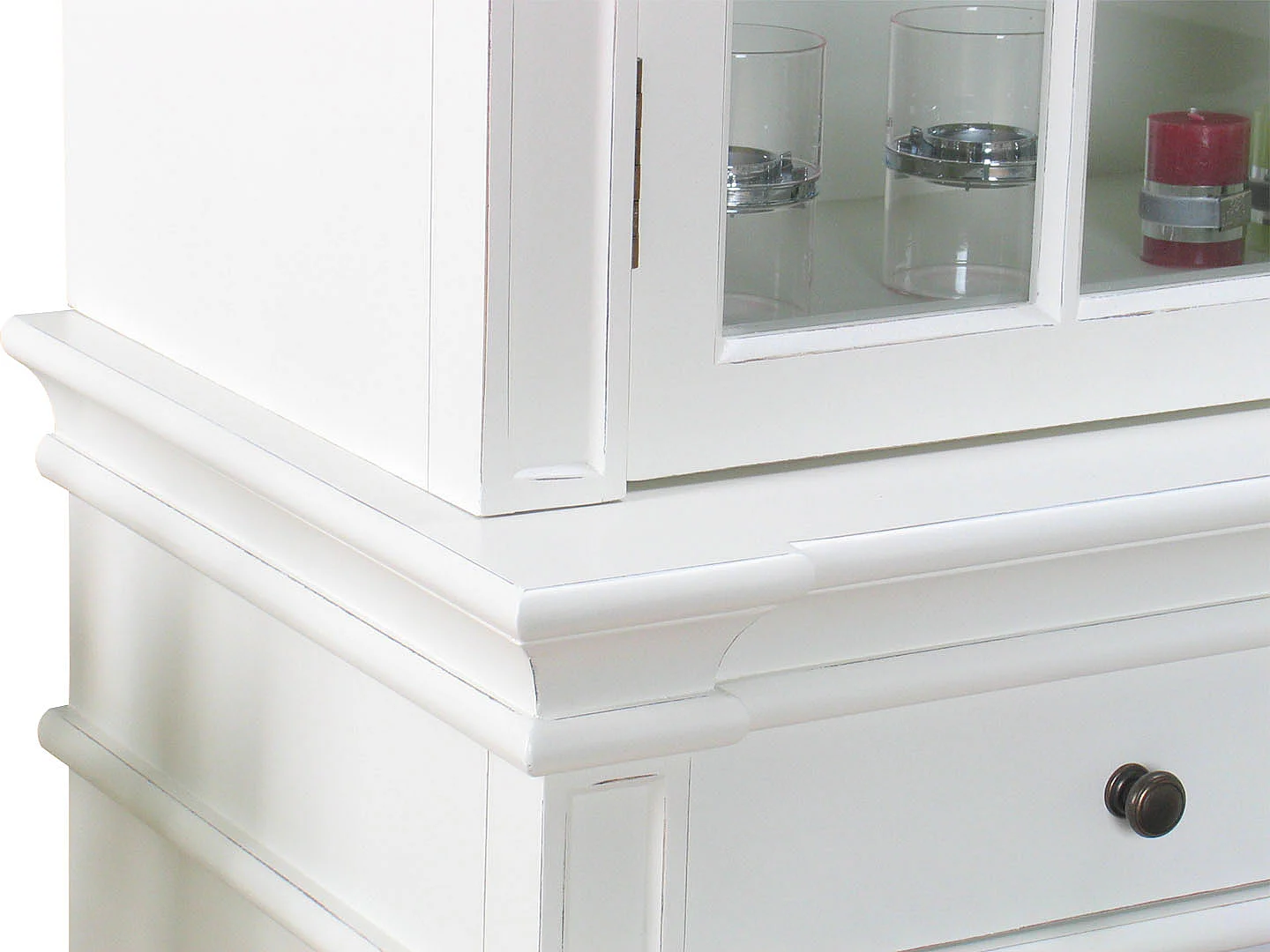 Amaretta Armoire Vitrine 3 portes, vieux blanc, vintage patiné, largeur 142 cm, hauteur 200 cm.