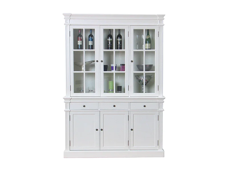 Amaretta Armoire Vitrine 3 portes, vieux blanc, vintage patiné, largeur 142 cm, hauteur 200 cm.