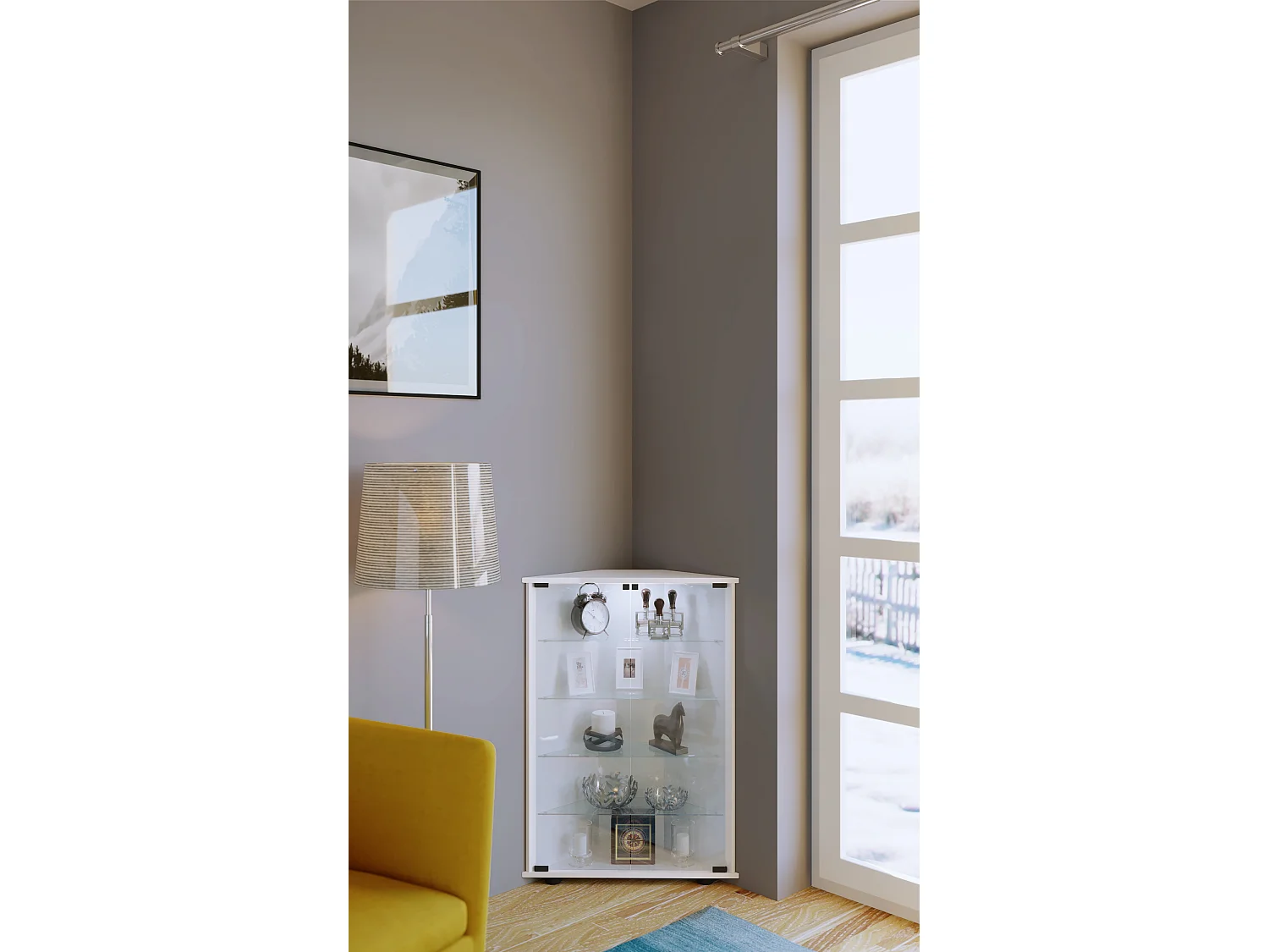 Jecka Vitrine armoire d'angle avec 2 portes vitrées, blanc.