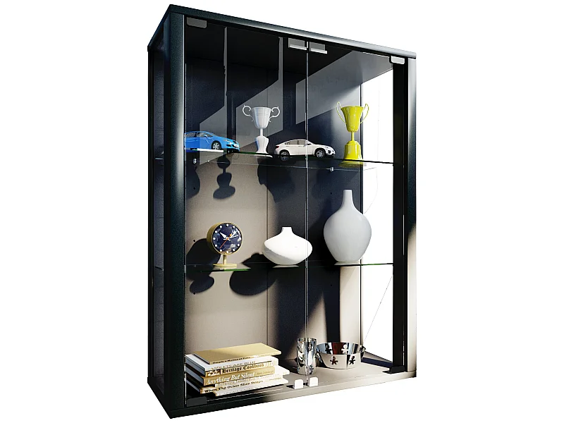 Udina Vitrinenschrank Wandmontage 2 Glastüren mit LED-Licht 2 Glasböden. schwarz.