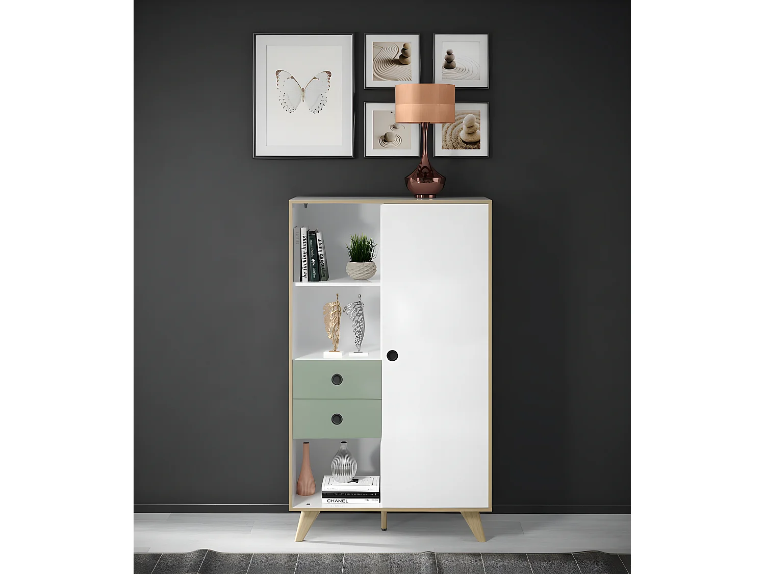 Adelaide dressoir 1 deur, 2 laden, 3 planken wit,groen.