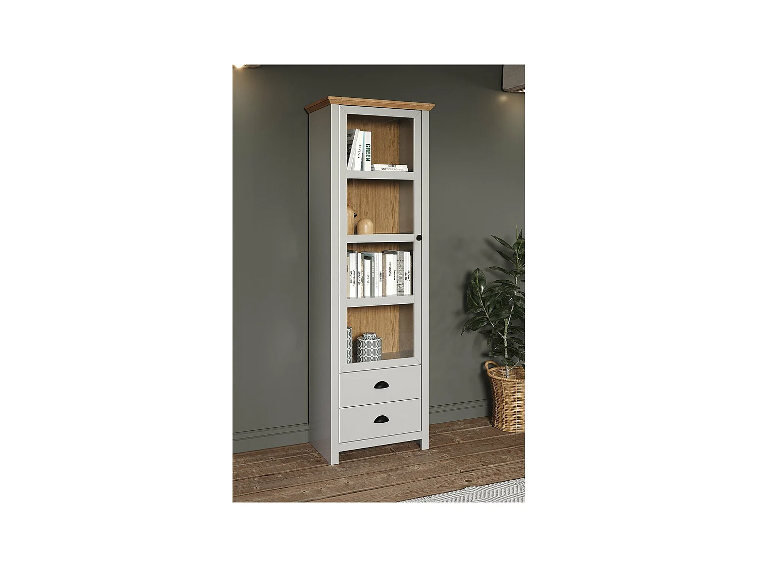 Landside Vitrinenschrank 1 Tür, 2 Schubladen, grau.