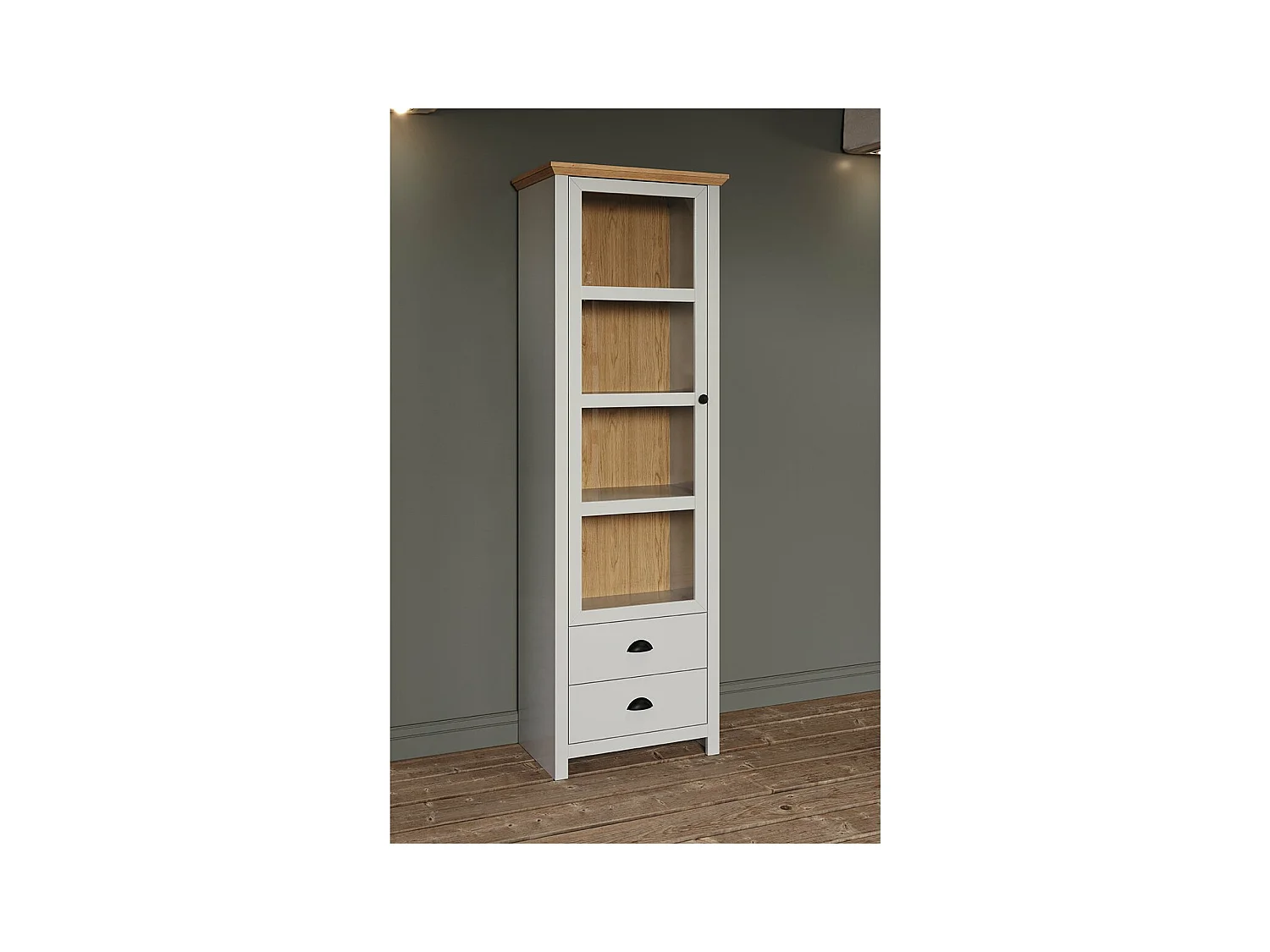 Landside Vitrinenschrank 1 Tür, 2 Schubladen, grau.