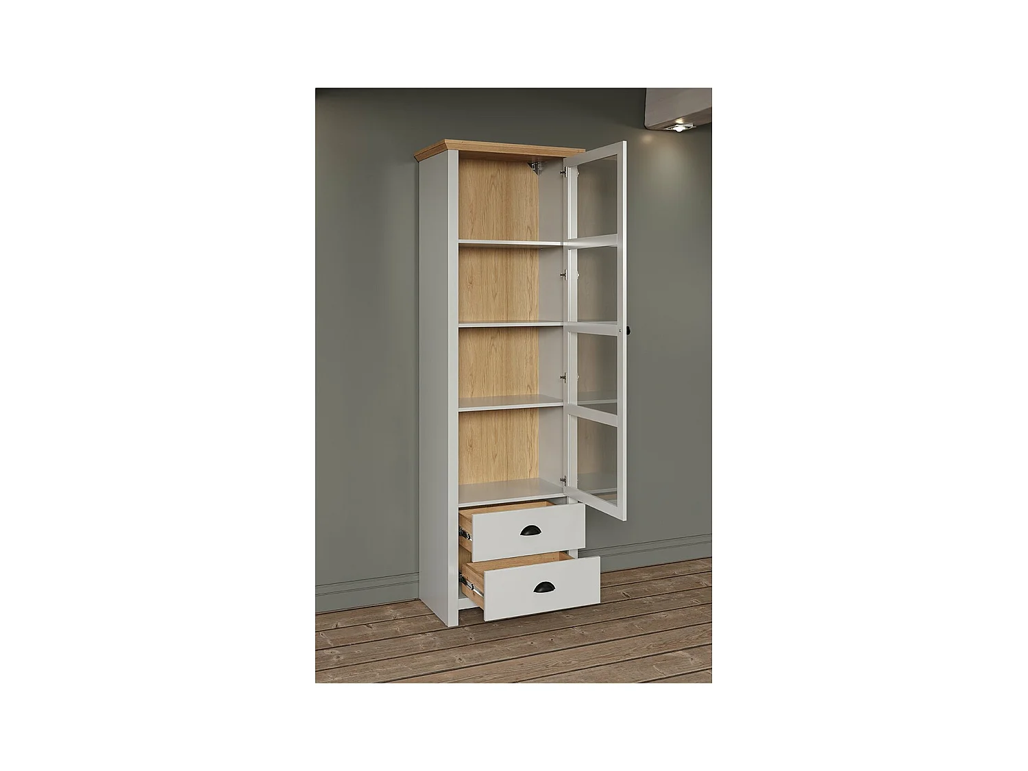 Landside Vitrinenschrank 1 Tür, 2 Schubladen, grau.