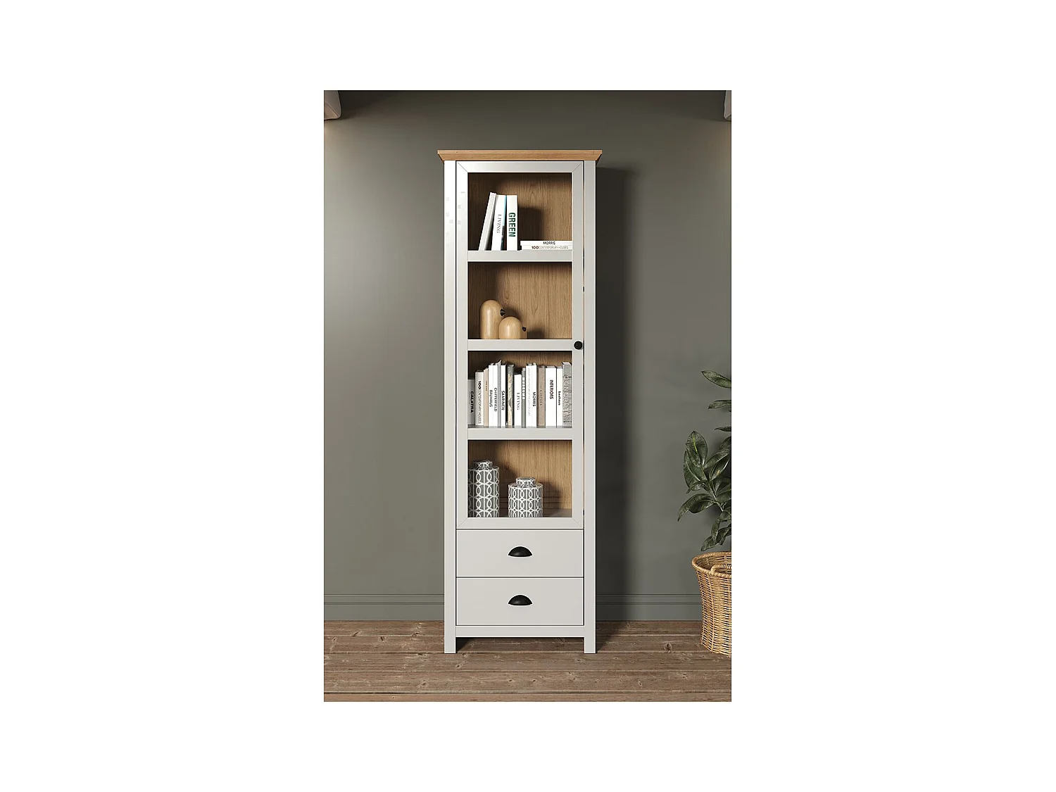 Landside Vitrinenschrank 1 Tür, 2 Schubladen, grau.