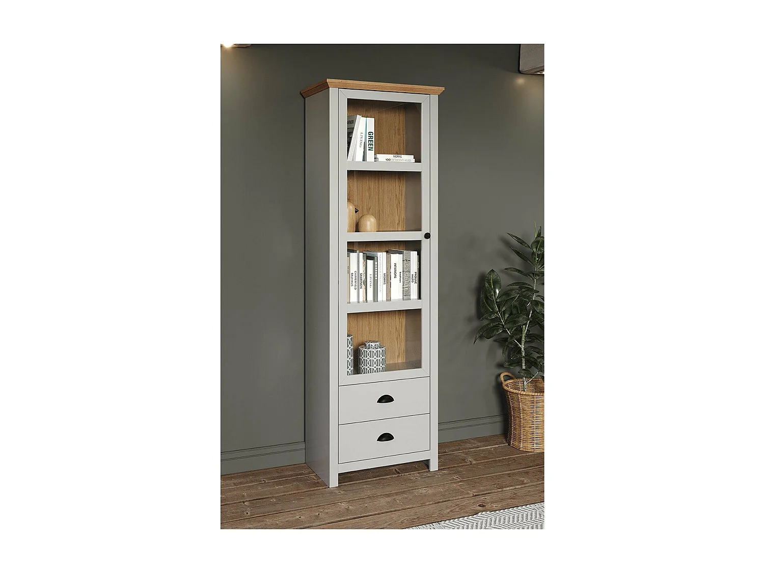 Vitrine 1 porte en verre trempé et 2 tiroirs L65 cm - LANDSIDE