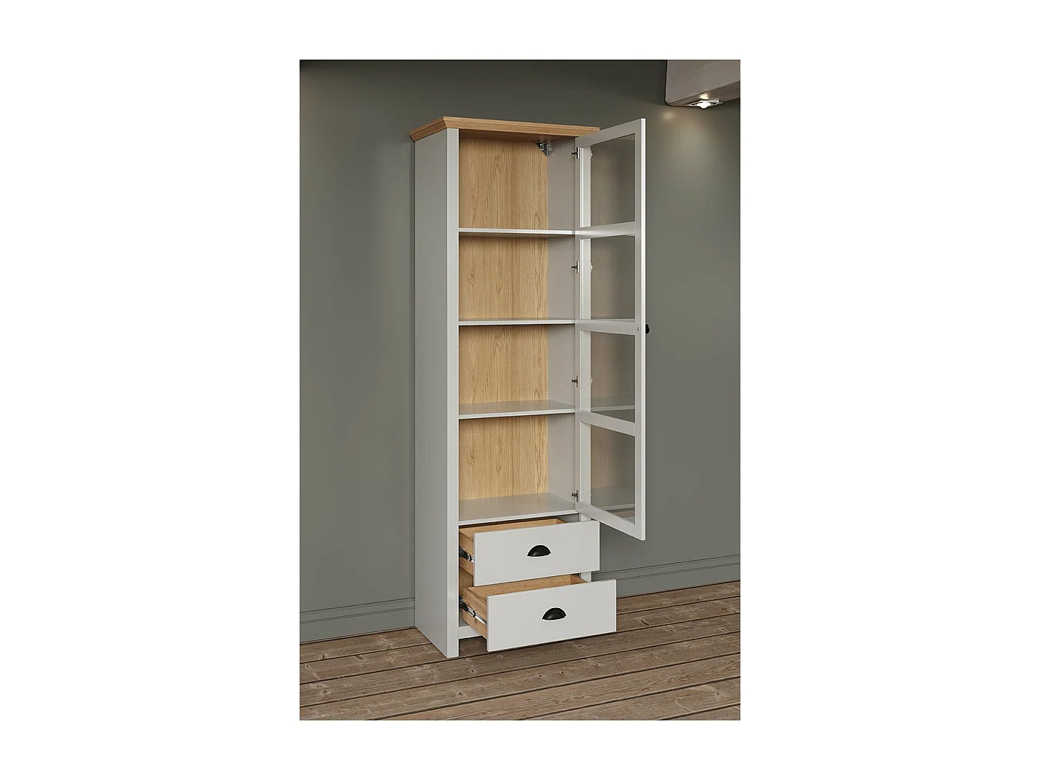 Vitrine 1 porte en verre trempé et 2 tiroirs L65 cm - LANDSIDE