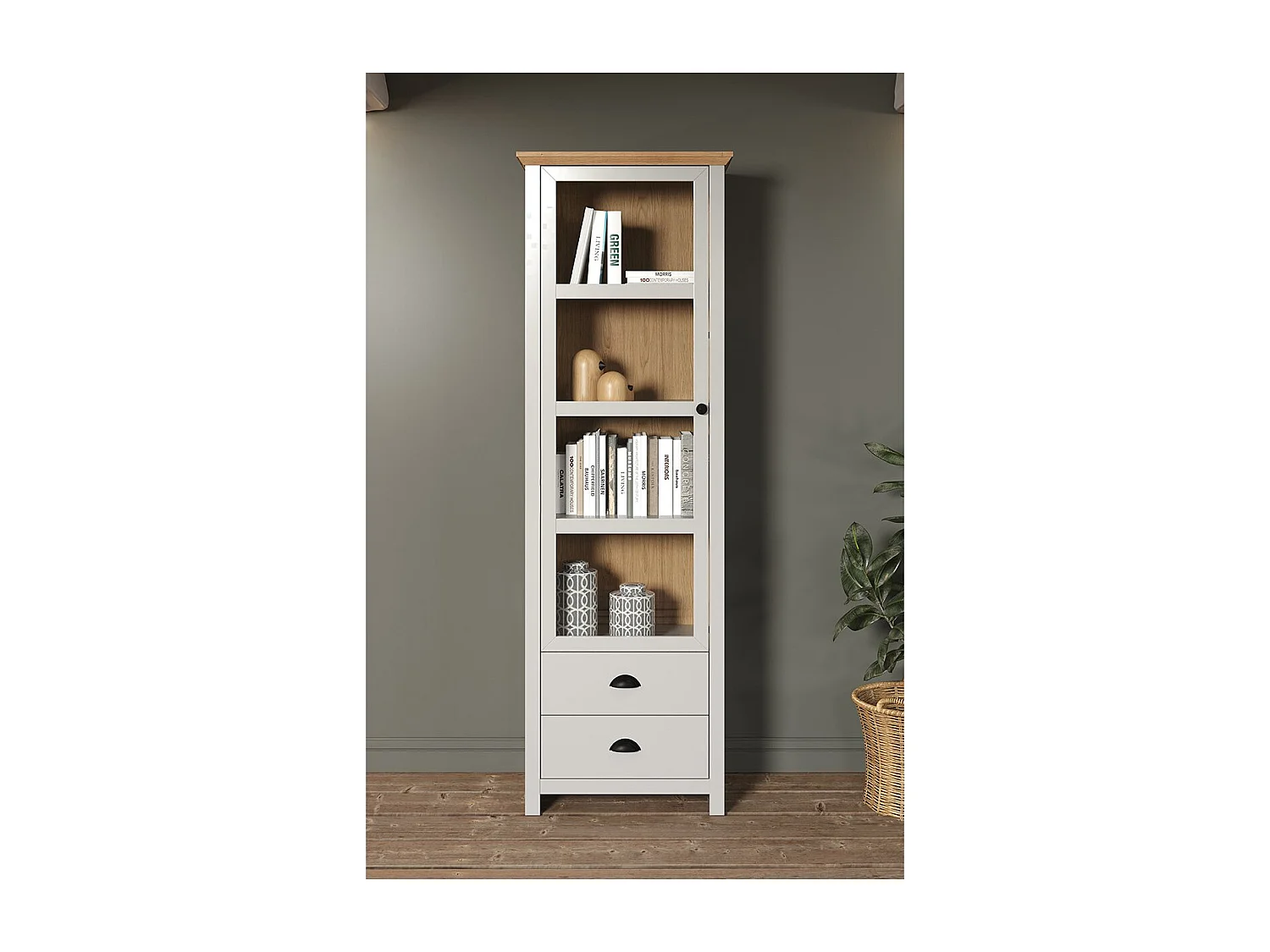 Vitrine 1 porte en verre trempé et 2 tiroirs L65 cm - LANDSIDE