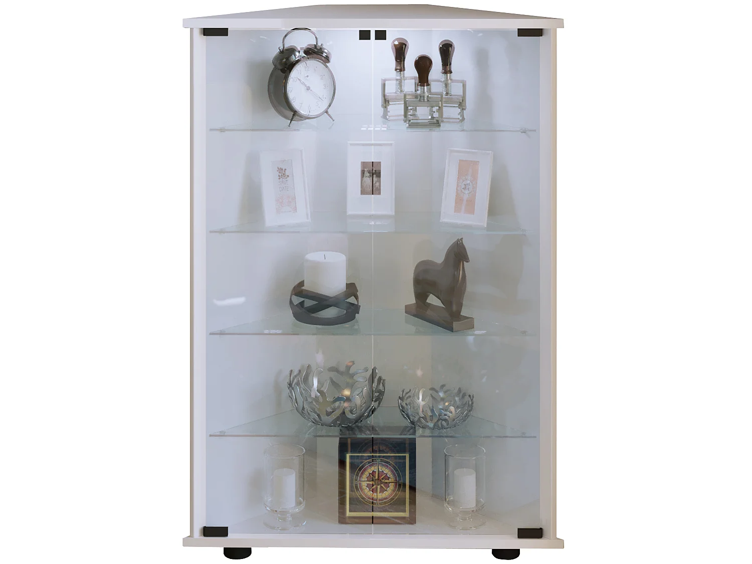 Jecka Vitrine armoire d'angle avec 2 portes vitrées et lumière LED, blanc.