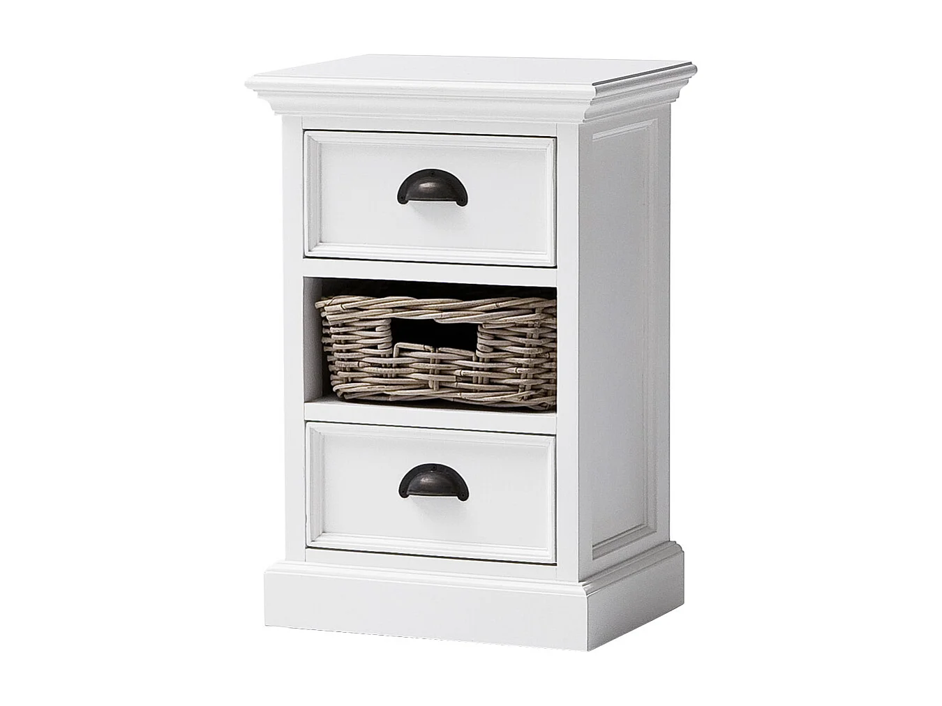 Halifax nachtkastje met 2 lades en 1 rotan mand, in wit.