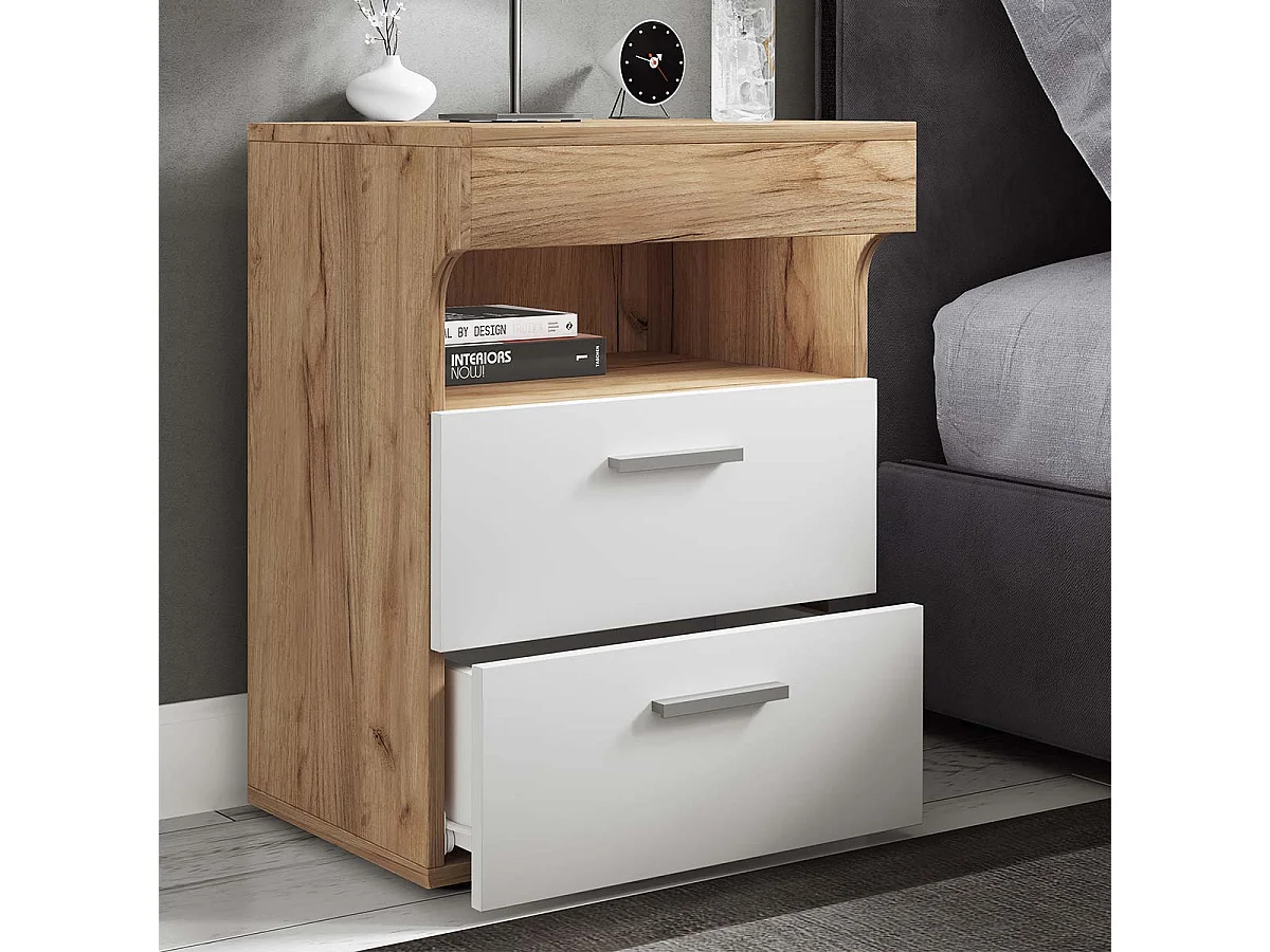 Armário de cabeceira VCM | Mesa lateral com porta giratória | Mesa de cabeceira | Dimensões aprox. A. 61 x L. 45 x P. 39 cm - Slepal M (Carvalho Mel / Branco)