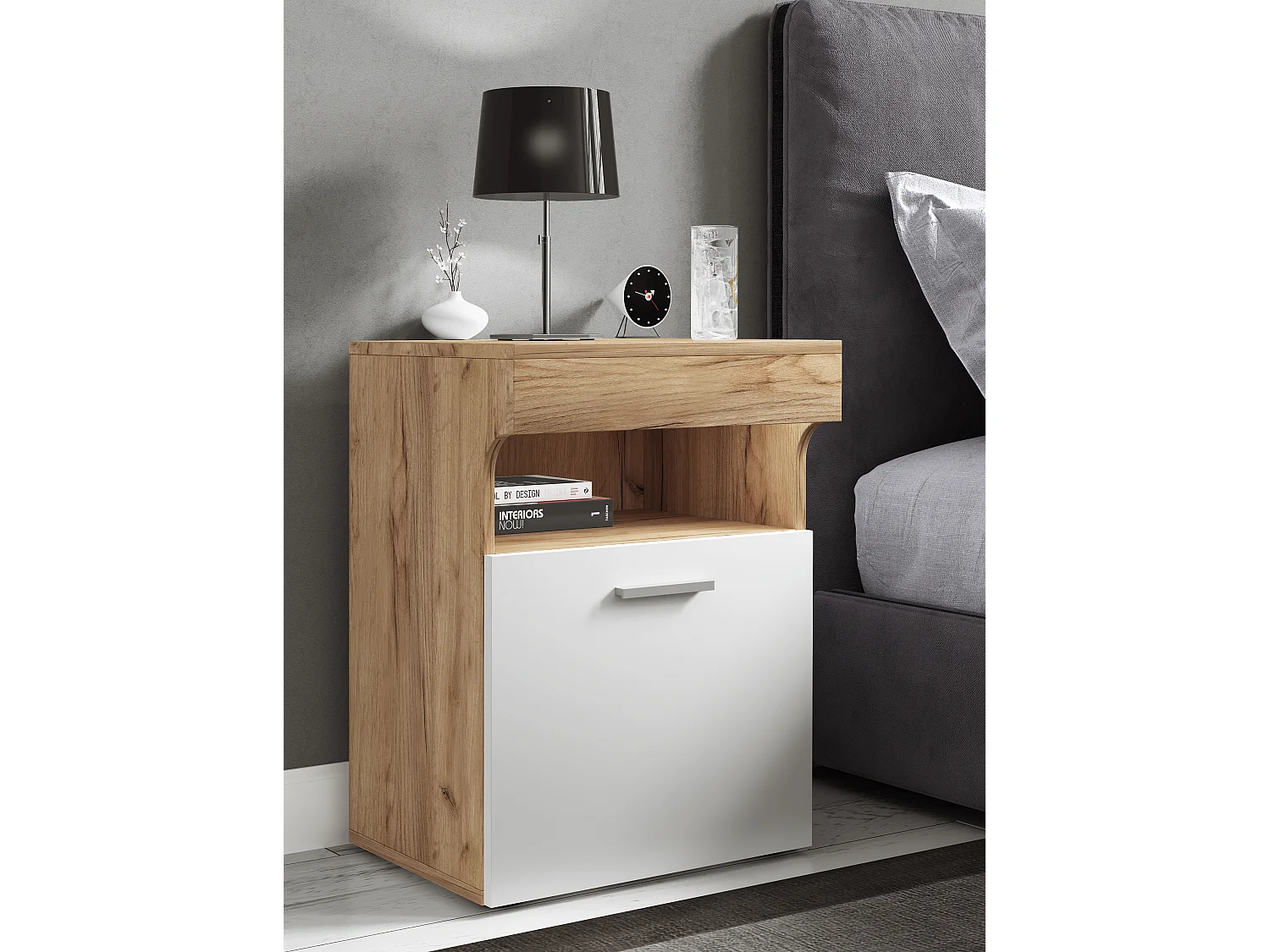 Armário de cabeceira VCM | Mesa lateral com porta giratória | Mesa de cabeceira | Dimensões aprox. A. 61 x L. 45 x P. 39 cm - Slepal M (Carvalho Mel / Branco)