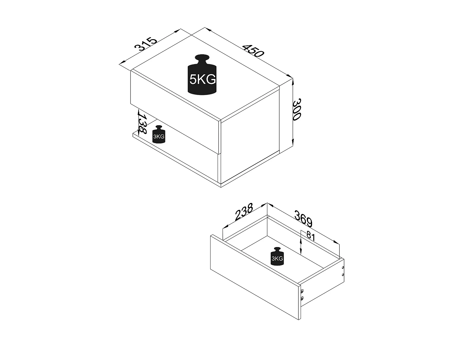 UsalXL45 table de nuit accroché au mur 1 tiroir 1 tablette anthracite.