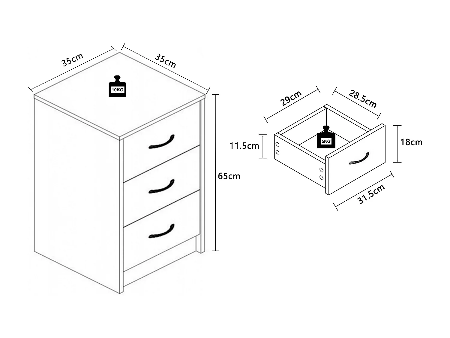Armário de cabeceira VCM | mesa de cabeceira | mesa de cabeceira | dimensões aprox. A. 65 x L. 33 x P. 35 cm - Boxal Maxi (Branco)