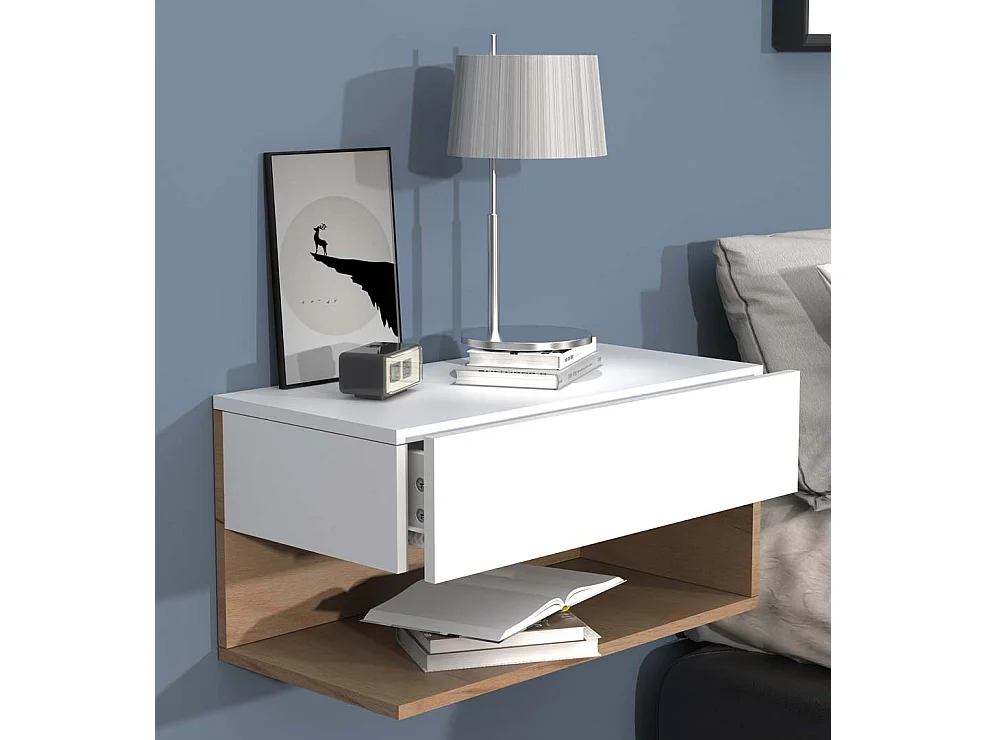 UsalXL60 table de nuit accroché au mur 1 tiroir 1 tablette blanc, chêne décor.
